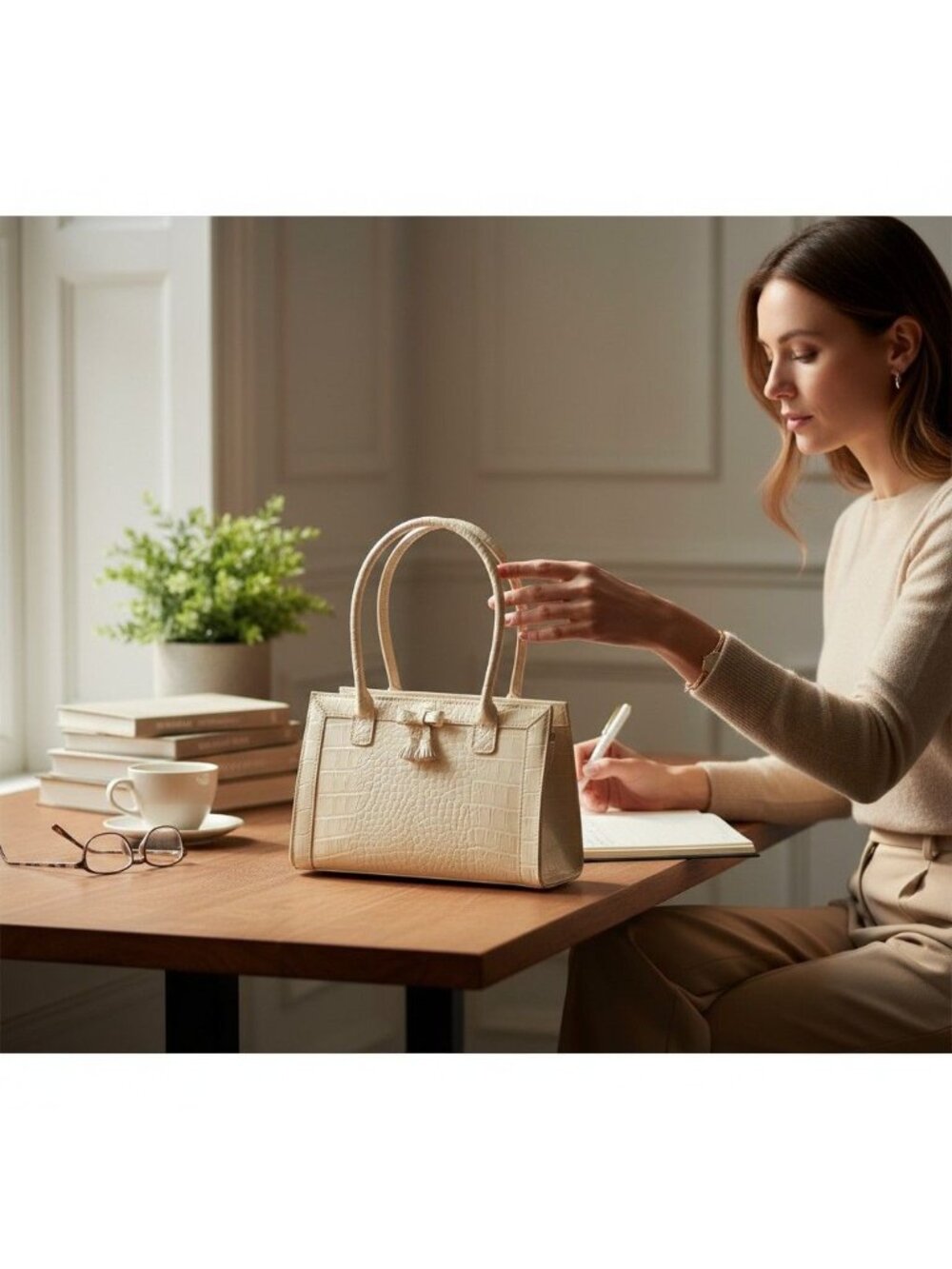 Ivory Faux Leather Croc Embossed Bag Y2K Retro Vintage Old Money Light Academia